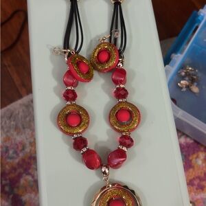 Red and Gold Beaded Necklace with Medallion Pendant
